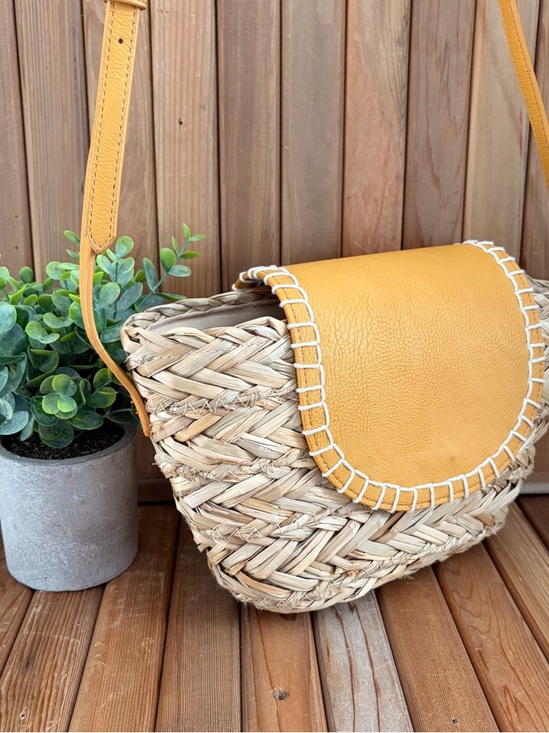 Universal Thread Handbags - Woven Boho Crossbody Bag Vegan Leather Flap in Bright Yellow